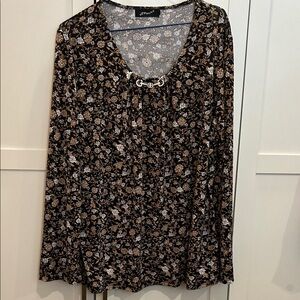 Fiori Black and Brown Floral Blouse with Rhinestone Brooch